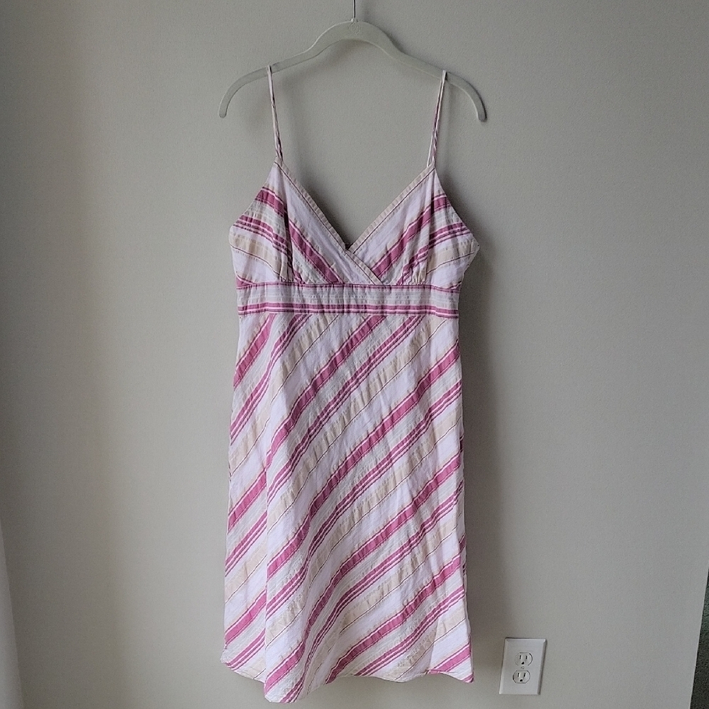 Tommy Hilfiger Spaghetti Straps Striped Pink and White Women's Midi Cotton Dress